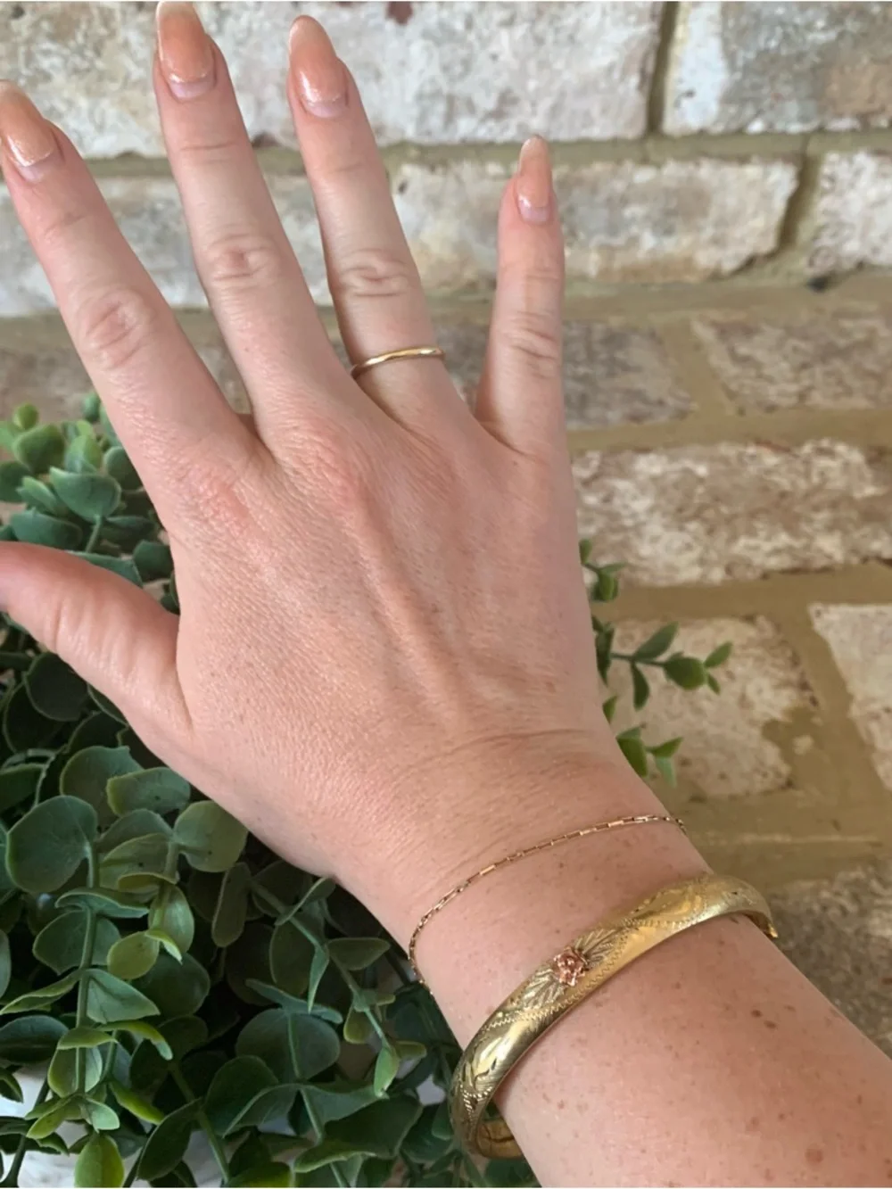 Vintage Gold Tone Floral Engraved Bracelet with Rose Accent